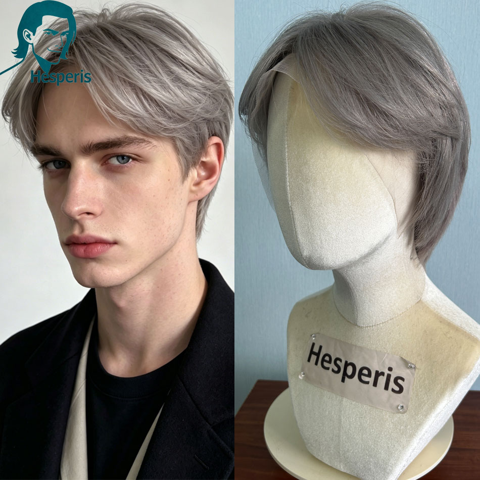 Pre Parted 13X4 Lace Front Bob Wig - Мужской парик Hesperis Brazilian Remy, серый,