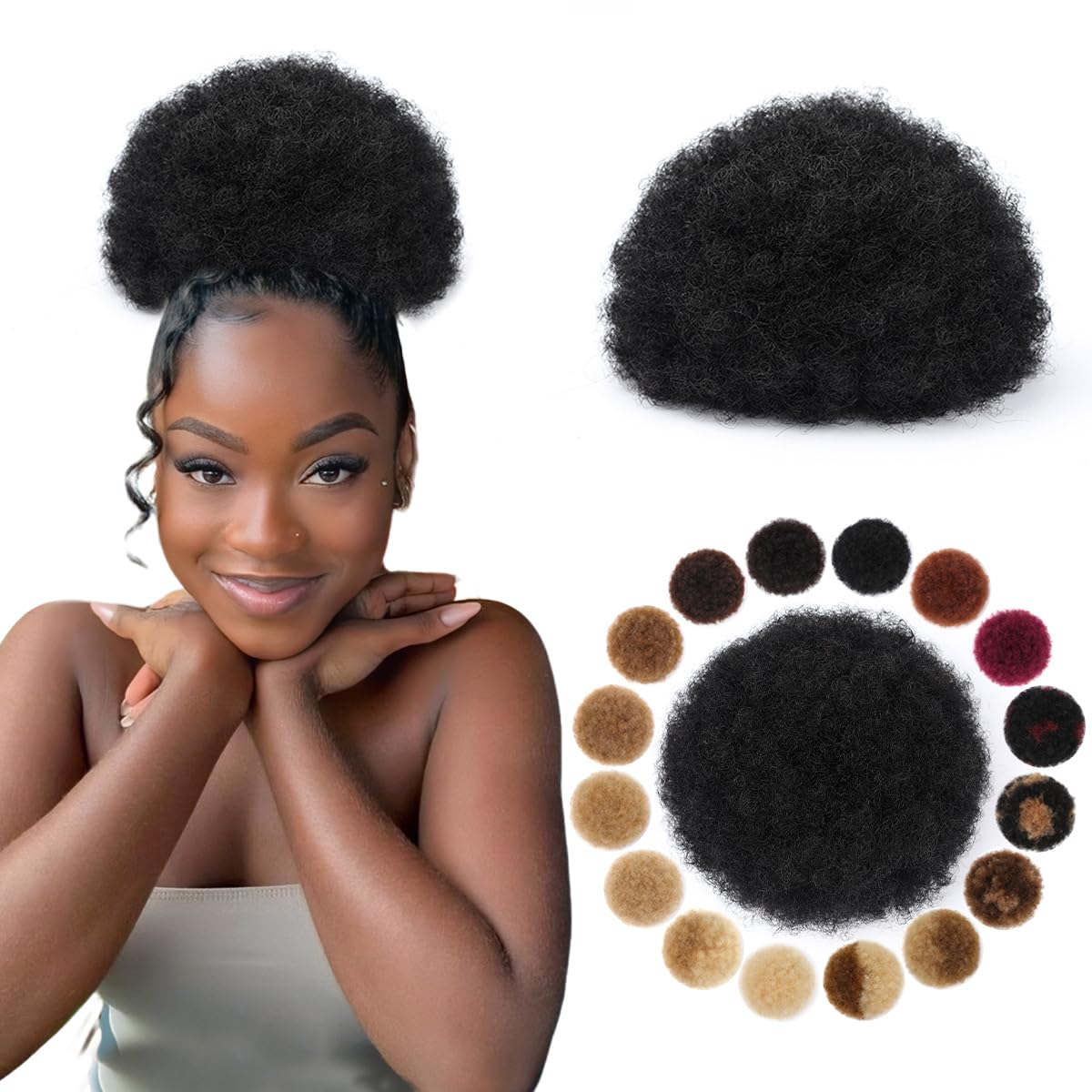 Drawstring Afro Curly Puff Ponytail - Синтетический афро-пучок на шнурке с заколками,