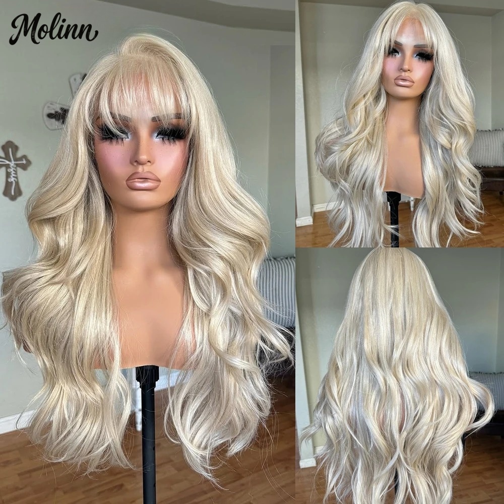 613 Blonde Body Wave Lace Front Wig - Синтетический парик с челкой и прозрачной
